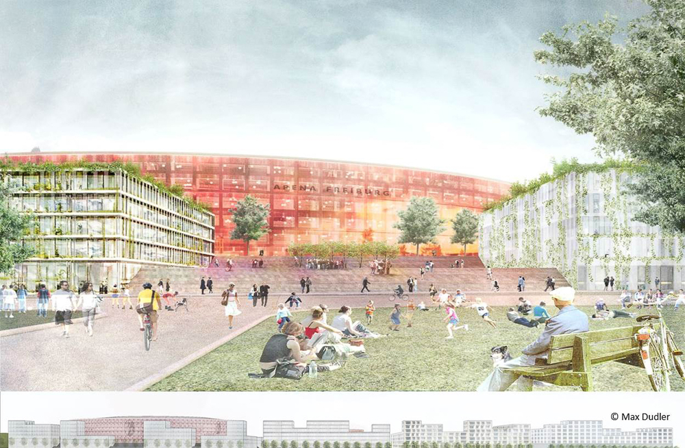 "Fußballtheater 2020" - Freitreppe 365 Tage Sport Arena in Freiburg mit Silhouette. Bild: Max Dudler.