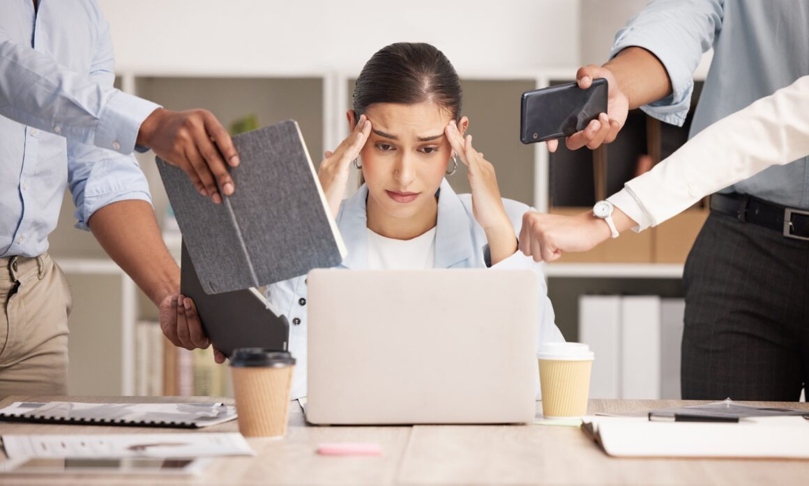 Stress, anxiety and multitasking business woman with headache from workload